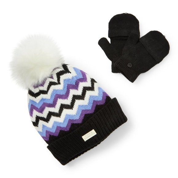NWT Vince Camuto Chevron Stripe Beanie & Pop Top Mittens - 2 pc set - Picture 1 of 1